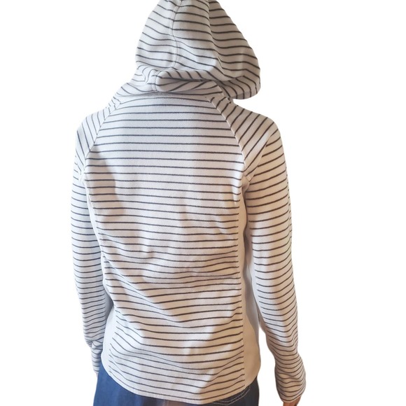 Eddie Bauer Size S Cream Black Striped Zip Fleece Hoodie Thumbholes TINY FLAW - Picture 4 of 10